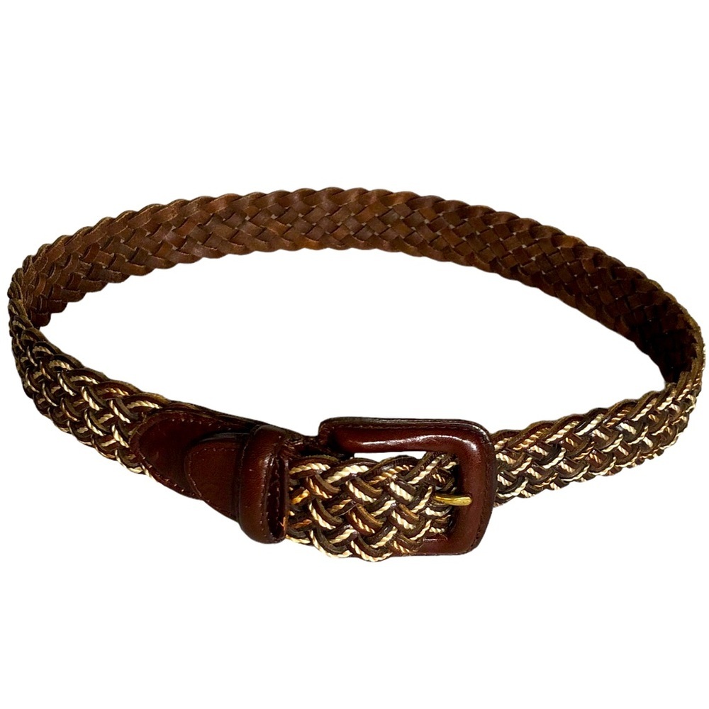 𝅺Vintage Braided Leather Woven Belt Multi Brown Ivory Gold Small